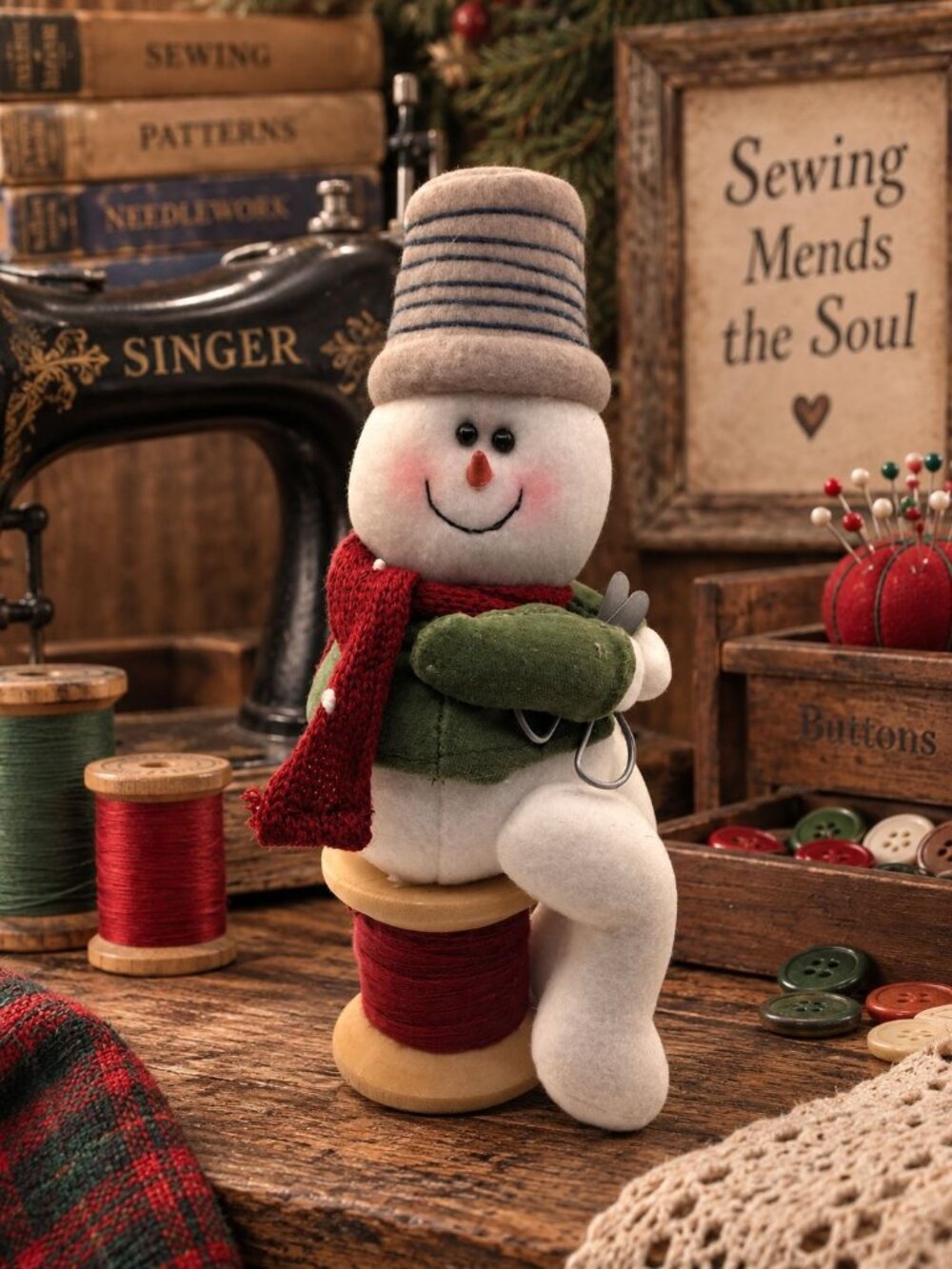 Christmas Home Decor White Plush 9" Snowman Scarf Sweater Sewing Thimble Spool